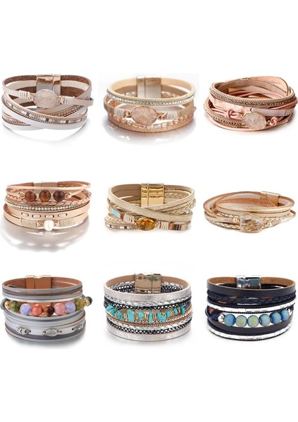 Gri 6 Amorcome Bohemian Doğal Taş Charm Deri Bilezikler Wome Için Moda Kristal Çok Katmanlı Wrap Bilezik Kadın Mücevheratı (Yurt Dışından)