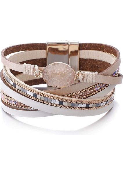 Gri 6 Amorcome Bohemian Doğal Taş Charm Deri Bilezikler Wome Için Moda Kristal Çok Katmanlı Wrap Bilezik Kadın Mücevheratı (Yurt Dışından)