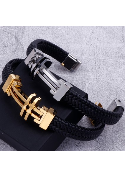 21CM Tarzı Altın Rengi 2 11 mm Örgülü Hakiki Deri Erkekler Için Bilezik Altın Paslanmaz Çelik Erkek Charm Bilezikler El Yapımı Erkek Takı Bilek El Bandı (Yurt Dışından)
