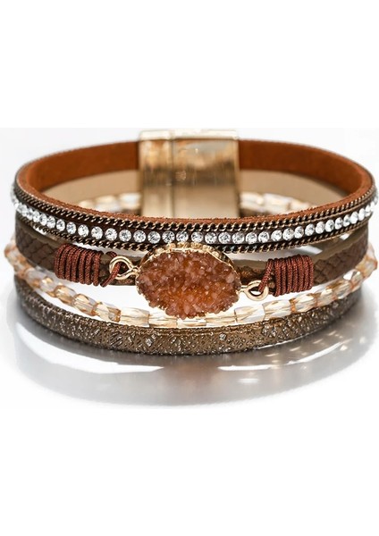 Kahverengi Amorcome Bohemian Doğal Taş Charm Deri Bilezikler Wome Için Moda Kristal Çok Katmanlı Wrap Bilezik Kadın Mücevheratı (Yurt Dışından)