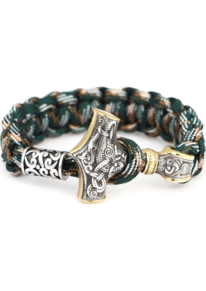 23CM Tarzı Altın Yeşili Iskandinav Vikings Paslanmaz Çelik Bilezik Erkekler Thor Mjolnir Çekiç Kordon Halat Wrap Bilezik Kadın Muska El Yapımı Takı Hediyeler (Yurt Dışından)