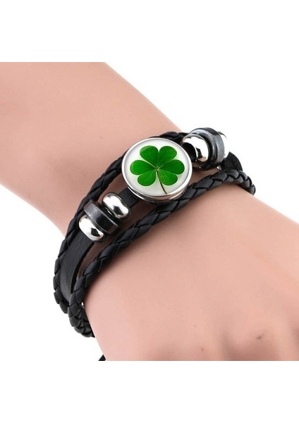 Gösteri 3 Olarak Şanslı Çim Siyah Deri Bilezik Irlandalı Gurur Yonca Yaprağı Takı Charm Bilezik Hediye Kadın Erkek Shamrock Bileklik (Yurt Dışından)