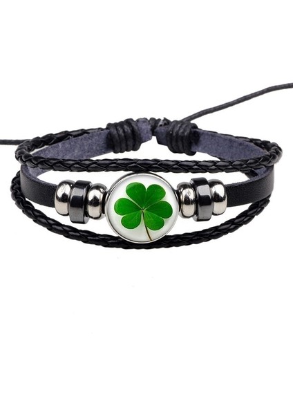 Gösteri 3 Olarak Şanslı Çim Siyah Deri Bilezik Irlandalı Gurur Yonca Yaprağı Takı Charm Bilezik Hediye Kadın Erkek Shamrock Bileklik (Yurt Dışından)