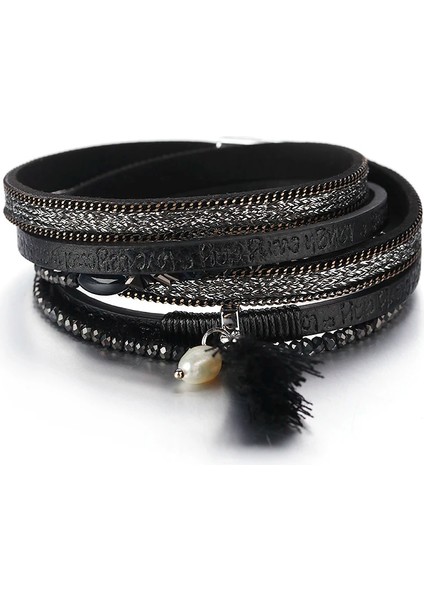 Siyah Püskül Amorcome Boho Etnik Uzun Örgülü Çift Wrap Bilezikler Yapay Elmas Kristal Boncuklar Kadın Deri Katmanlı Bilezik Parti Mücevheri (Yurt Dışından)