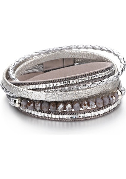 Gümüş-Kristal Amorcome Boho Etnik Uzun Örgülü Çift Wrap Bilezikler Yapay Elmas Kristal Boncuklar Kadın Deri Katmanlı Bilezik Parti Mücevheri (Yurt Dışından)