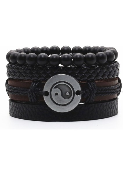 Stil 17 Siyah Kombinasyon Gitar Tüy Infinity Kanat Çapraz Boncuk Wrap Dokuma Deri Erkek Bileklik Seti Bileklik Erkek Takı Moda (Yurt Dışından)