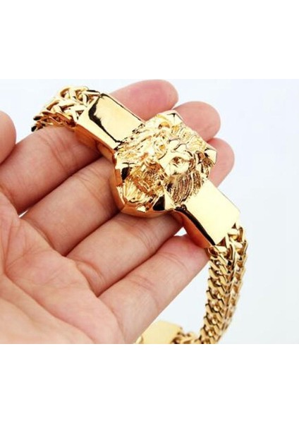 A10183-ALTIN-22,5CM Otoriter Alaşım Aslan Kafası Bilezik Erkekler Paslanmaz Çelik Altın Renk Franco Link Zinciri Biker Bilezik Erkekler (Yurt Dışından)