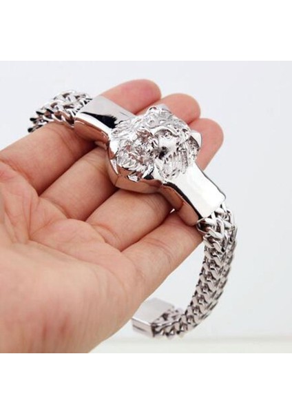 A10183-ALTIN-22,5CM Otoriter Alaşım Aslan Kafası Bilezik Erkekler Paslanmaz Çelik Altın Renk Franco Link Zinciri Biker Bilezik Erkekler (Yurt Dışından) modelleri