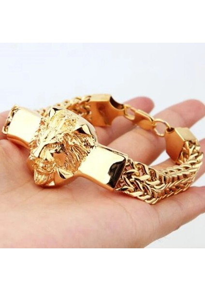 A10183-ALTIN-22,5CM Otoriter Alaşım Aslan Kafası Bilezik Erkekler Paslanmaz Çelik Altın Renk Franco Link Zinciri Biker Bilezik Erkekler (Yurt Dışından) fırsatları