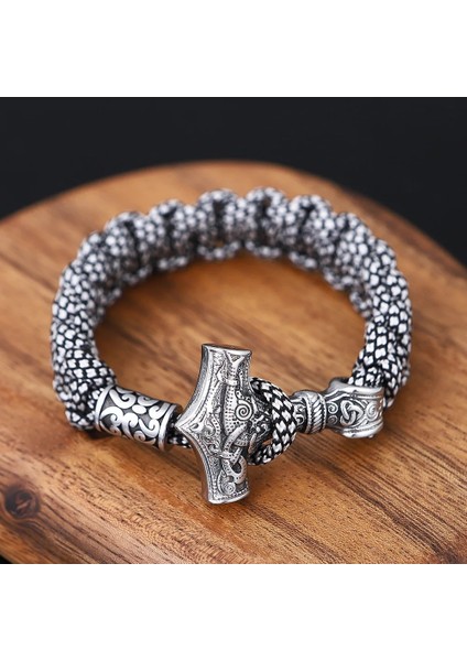 19CM Tarzı Çelik Grisi Iskandinav Vikings Paslanmaz Çelik Bilezik Erkekler Thor Mjolnir Çekiç Kordon Halat Wrap Bilezik Kadın Muska El Yapımı Takı Hediyeler (Yurt Dışından)