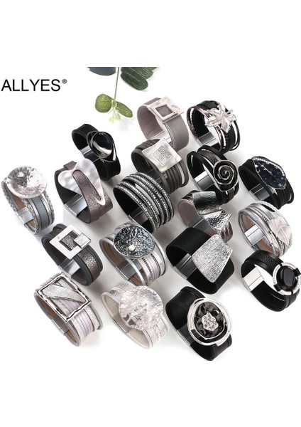 Qiuhong Shop E190338P Allyes Kristal Inci Emaye Metal Geometrik Yaprak Charms Bilezikler Çok Katmanlı Deri Geniş Wrap Bilezik Parti Unisex Takı (Yurt Dışından)