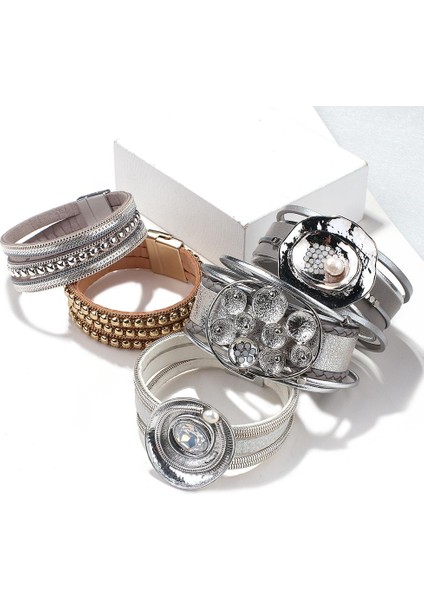 Qiuhong Shop E190338P Allyes Kristal Inci Emaye Metal Geometrik Yaprak Charms Bilezikler Çok Katmanlı Deri Geniş Wrap Bilezik Parti Unisex Takı (Yurt Dışından)