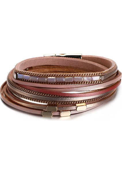 E540304P-002 Amorcome Boho Etnik Uzun Örgülü Çift Wrap Bilezikler Yapay Elmas Kristal Boncuklar Kadın Deri Katmanlı Bilezik Parti Mücevheri (Yurt Dışından)