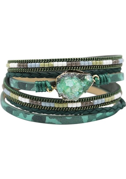 Yeşil-39.5cm Strathspey Yeşil Deri Bilezikler Kadınlar Için Çok Katmanlı Druzy Bilezik Vintage Tüy Charm Bilezik Pulseras Muje (Yurt Dışından)