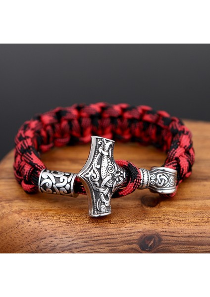 23CM Tarzı Çelik Kırmızı Iskandinav Vikings Paslanmaz Çelik Bilezik Erkekler Thor Mjolnir Çekiç Kordon Halat Wrap Bilezik Kadın Muska El Yapımı Takı Hediyeler (Yurt Dışından)