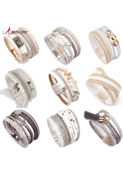 E190053P-001 Amorcome Multitype Deri Manşet Bilezik Manyetik Çok Strand Wrap Bilezik Bilezik Kadınlar Kızlar Için Bohemian Takı Hediyeler (Yurt Dışından) fiyatları