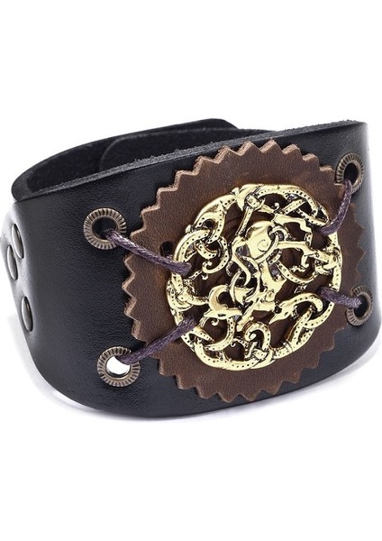 SL902085 Retro El Yapımı Hakiki Deri Bilezik Charm Geniş Deri Bilezik Viking Odin Totem Vintage Deri El Bileklik Adam Hediye Için (Yurt Dışından)