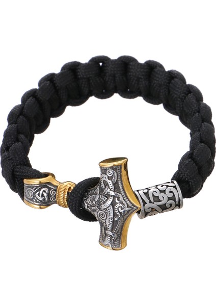 21CM Tarzı Altın Siyah Iskandinav Vikings Paslanmaz Çelik Bilezik Erkekler Thor Mjolnir Çekiç Kordon Halat Wrap Bilezik Kadın Muska El Yapımı Takı Hediyeler (Yurt Dışından)