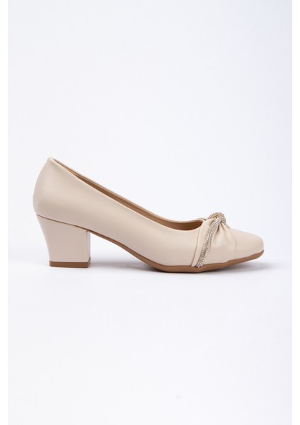 5 cm Topuklu Taşlı Ortopedik Taban Stiletto Bej