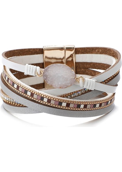 Beyaz Amorcome Bohemian Doğal Taş Charm Deri Bilezikler Wome Için Moda Kristal Çok Katmanlı Wrap Bilezik Kadın Mücevheratı (Yurt Dışından)