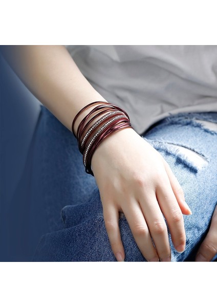 Mavi Amorcome Çok Katmanlı Deri Bilezik Kadın 6 Renk Trendy Rhinestone Kristal Femme Wrap Bilezik ve Bilezikler Kadınlar Için Takı (Yurt Dışından) modelleri