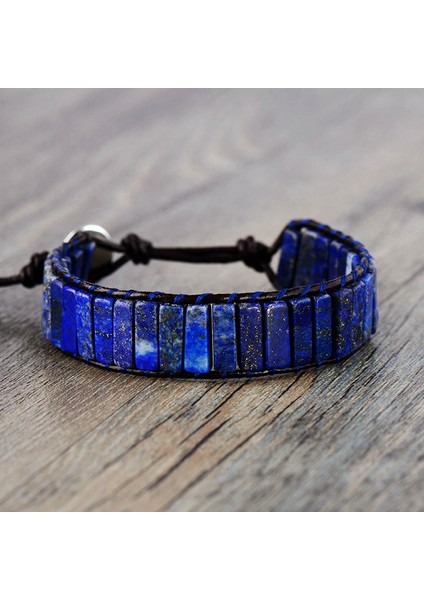 Lapis Lazuli High End Tüp Şekli Lapis Lazuli Tek Deri Wrap Bilezikler Vintage Dokuma Boncuklu Manşet Bileklik Bijoux (Yurt Dışından)