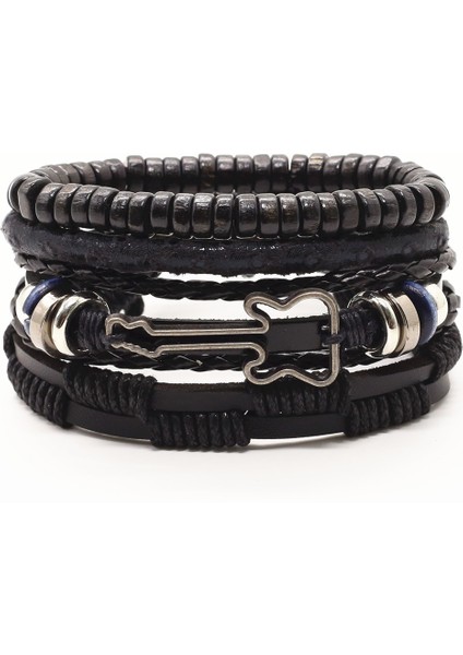 Stil 3 Et Aslan Çapraz Gitar Charm Ahşap Boncuk Erkek Deri Bileklik Kadın Femme Homme Erkek Pulseras Hediye Mücevherat (Yurt Dışından)