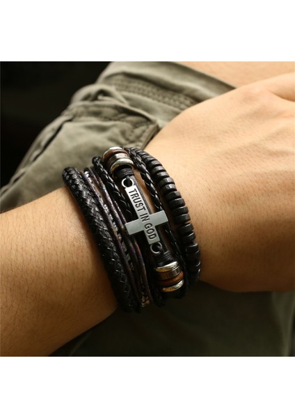 Stil 3 Et Aslan Çapraz Gitar Charm Ahşap Boncuk Erkek Deri Bileklik Kadın Femme Homme Erkek Pulseras Hediye Mücevherat (Yurt Dışından)
