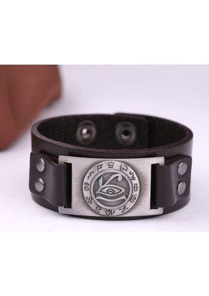 Kahverengi-Gümüş Lıkgreat Mısır Horus Gözü Tılsım Viking Deri Bilezik Erkekler Için Vintage Wicca Muska Erkek Bilek Bileklik Takı (Yurt Dışından)