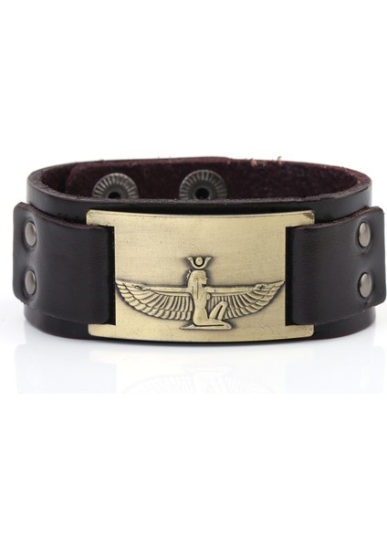 Kahverengi-Bronz Lıkgreat Viking Punk Mısır Tanrıçası Maat Korsan Erkekler Kadınlar Için Geniş Deri Bilezik Vintage Erkek Ayarlanabilir Bileklik (Yurt Dışından)