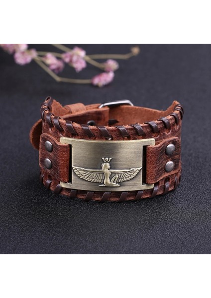 Kahverengi-Bronz Lıkgreat Viking Punk Mısır Tanrıçası Maat Korsan Erkekler Kadınlar Için Geniş Deri Bilezik Vintage Erkek Ayarlanabilir Bileklik (Yurt Dışından) modelleri