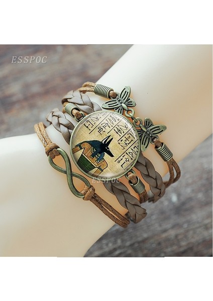 Gümüş Kaplı Vintage Bilezik Mısır Ankh Çapraz Çok Katmanlı Örgülü Bilezik Anubis Bokböceği Tanrıça Cam Kubbe Kahverengi Deri Bilezik Takı (Yurt Dışından) fırsatları