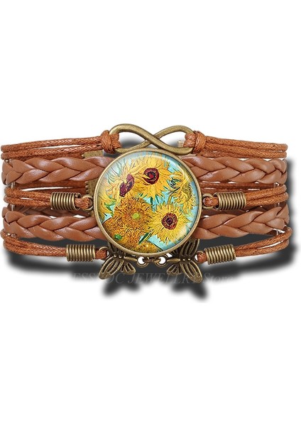 Gül Altın Rengi Yeni Moda Van Gogh Ayçiçekleri Bilezik El Yapımı Infinity Deri Charm Çiçek Bilezikler Erkek Kadın Için (Yurt Dışından)