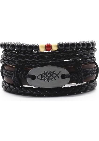 Stil 11 Siyah Kombinasyon Gitar Tüy Infinity Kanat Çapraz Boncuk Wrap Dokuma Deri Erkek Bileklik Seti Bileklik Erkek Takı Moda (Yurt Dışından)
