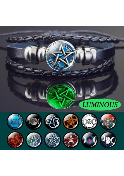 No.16 Boyutu El Dokuması Bileklik Bileklik Gizli Yıldız Pentagram Çok Katmanlı Üçlü Ay Tanrıçası Charm Örgülü Deri Bilezikler Pentagram Takı (Yurt Dışından)
