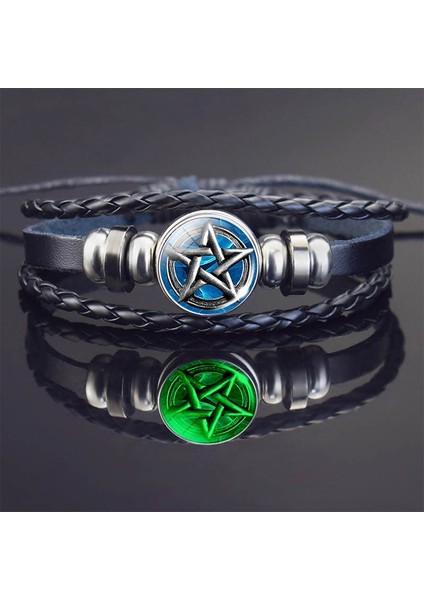 No.16 Boyutu El Dokuması Bileklik Bileklik Gizli Yıldız Pentagram Çok Katmanlı Üçlü Ay Tanrıçası Charm Örgülü Deri Bilezikler Pentagram Takı (Yurt Dışından)