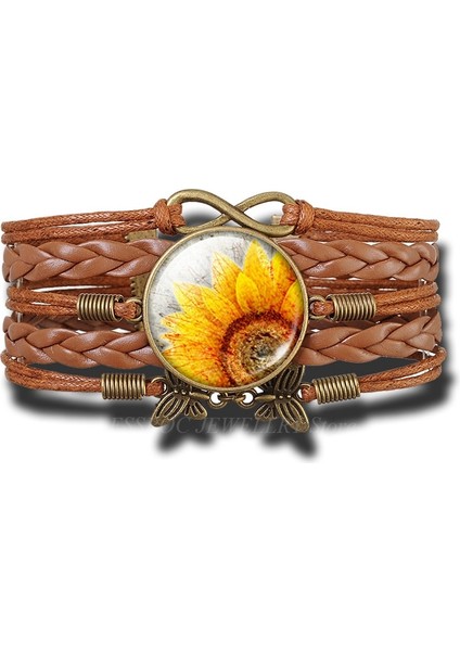 Altın Rengi Yeni Moda Van Gogh Ayçiçekleri Bilezik El Yapımı Infinity Deri Charm Çiçek Bilezikler Erkek Kadın Için (Yurt Dışından)