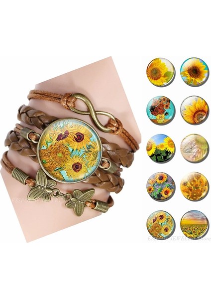 Altın Rengi Yeni Moda Van Gogh Ayçiçekleri Bilezik El Yapımı Infinity Deri Charm Çiçek Bilezikler Erkek Kadın Için (Yurt Dışından)