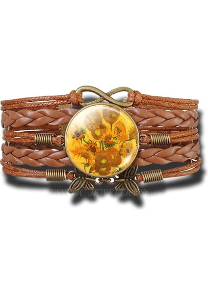 Altın Rengi Yeni Moda Van Gogh Ayçiçekleri Bilezik El Yapımı Infinity Deri Charm Çiçek Bilezikler Erkek Kadın Için (Yurt Dışından)