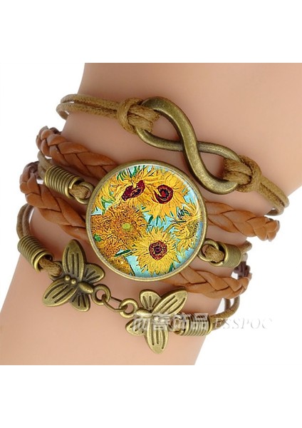 Altın Rengi Yeni Moda Van Gogh Ayçiçekleri Bilezik El Yapımı Infinity Deri Charm Çiçek Bilezikler Erkek Kadın Için (Yurt Dışından)