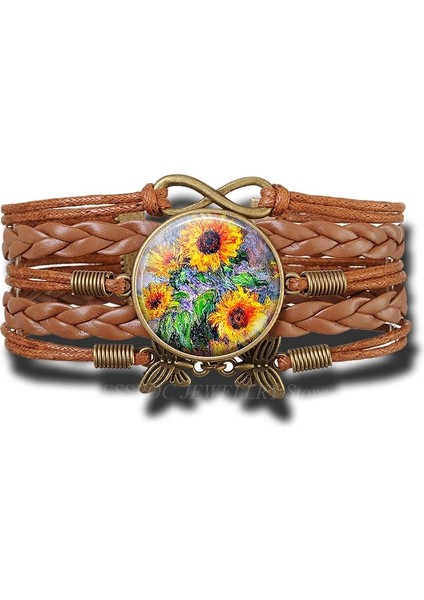 Altın Rengi Yeni Moda Van Gogh Ayçiçekleri Bilezik El Yapımı Infinity Deri Charm Çiçek Bilezikler Erkek Kadın Için (Yurt Dışından)