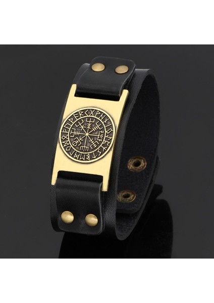 Bronz Siyah A Vintage Viking Pusula Deri Bilezik Adam Bilezik 24 Nordic Runes Odin Sembolü Wrap Bileklik Slav Muska Vikings Bilezikler (Yurt Dışından)