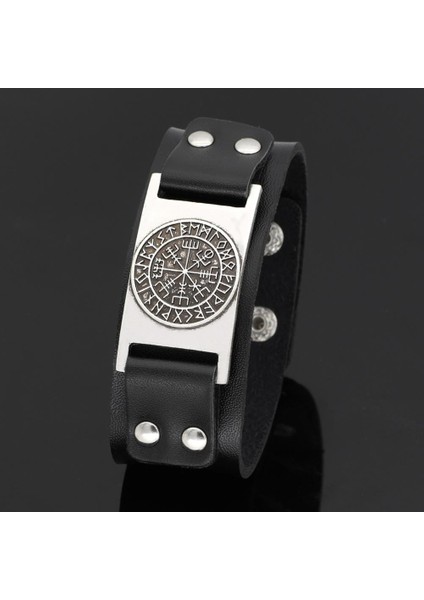 Bronz Siyah A Vintage Viking Pusula Deri Bilezik Adam Bilezik 24 Nordic Runes Odin Sembolü Wrap Bileklik Slav Muska Vikings Bilezikler (Yurt Dışından)