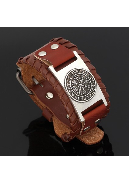 Bronz Siyah A Vintage Viking Pusula Deri Bilezik Adam Bilezik 24 Nordic Runes Odin Sembolü Wrap Bileklik Slav Muska Vikings Bilezikler (Yurt Dışından)