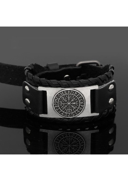 Bronz Siyah A Vintage Viking Pusula Deri Bilezik Adam Bilezik 24 Nordic Runes Odin Sembolü Wrap Bileklik Slav Muska Vikings Bilezikler (Yurt Dışından)