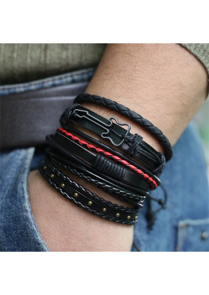 Stil 2 Et Punk Rahat Dokuma Yaprak Tüy Kanat Kafatası Gitar Charm Wrap Erkekler Deri Bilezikler Kadın Homme Femme Erkek Takı (Yurt Dışından)