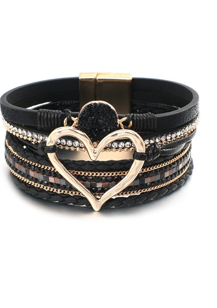 Siyah Allyes Metal Aşk Kalp Charm Deri Bilezikler Kadınlar Için Moda Bohemian Rhinestone Reçine Wrap Bilezik Bileklik Çift Takı (Yurt Dışından)