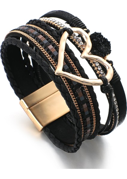 Siyah Allyes Metal Aşk Kalp Charm Deri Bilezikler Kadınlar Için Moda Bohemian Rhinestone Reçine Wrap Bilezik Bileklik Çift Takı (Yurt Dışından) fırsatları