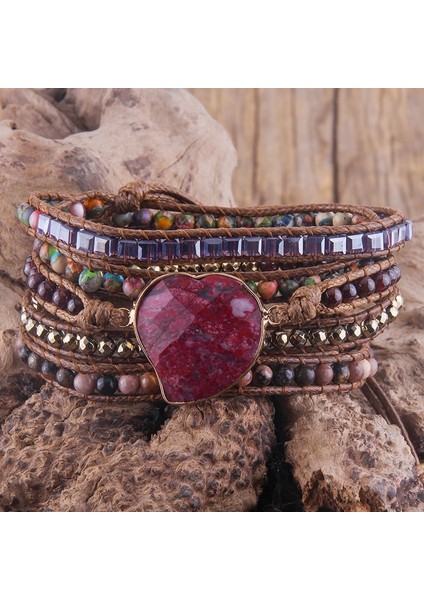 90CM Tarzı Çok Kırmızı Rh Moda Handma Boho Bilezik Karışık Doğal Taşlar Kalp Charm 5 Strands Wrap Bilezikler Kadınlar Hediye (Yurt Dışından)