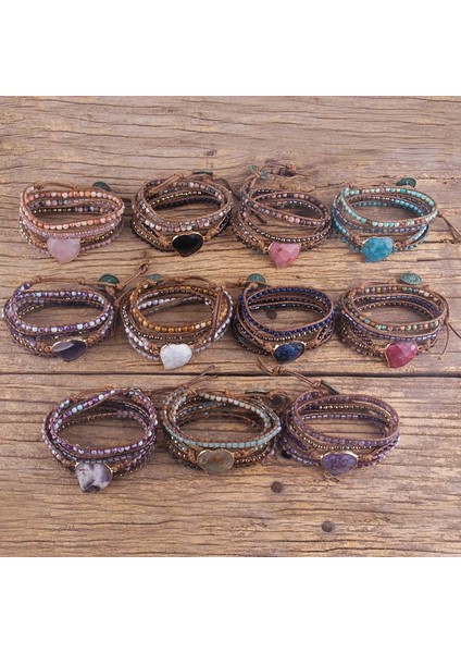 90CM Tarzı Çok Kırmızı Rh Moda Handma Boho Bilezik Karışık Doğal Taşlar Kalp Charm 5 Strands Wrap Bilezikler Kadınlar Hediye (Yurt Dışından) modelleri